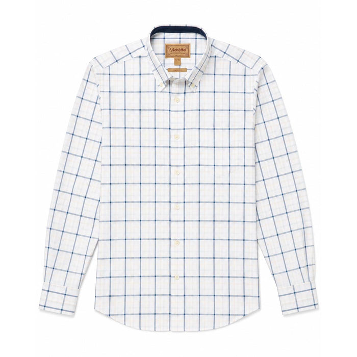 Schoffel men's white long-sleeve cotton twill shirt with a blue check pattern and button-down collar.