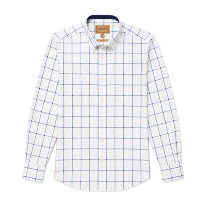 Schoffel men's white long-sleeve cotton twill shirt with a blue check pattern and button-down collar.