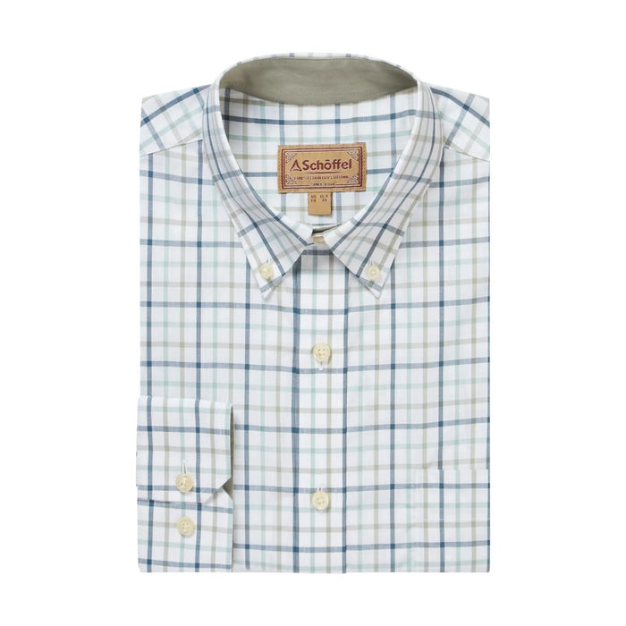Schoffel Men's Holkham long-sleeve cotton twill shirt in a white, blue, and green check pattern with branded buttons.