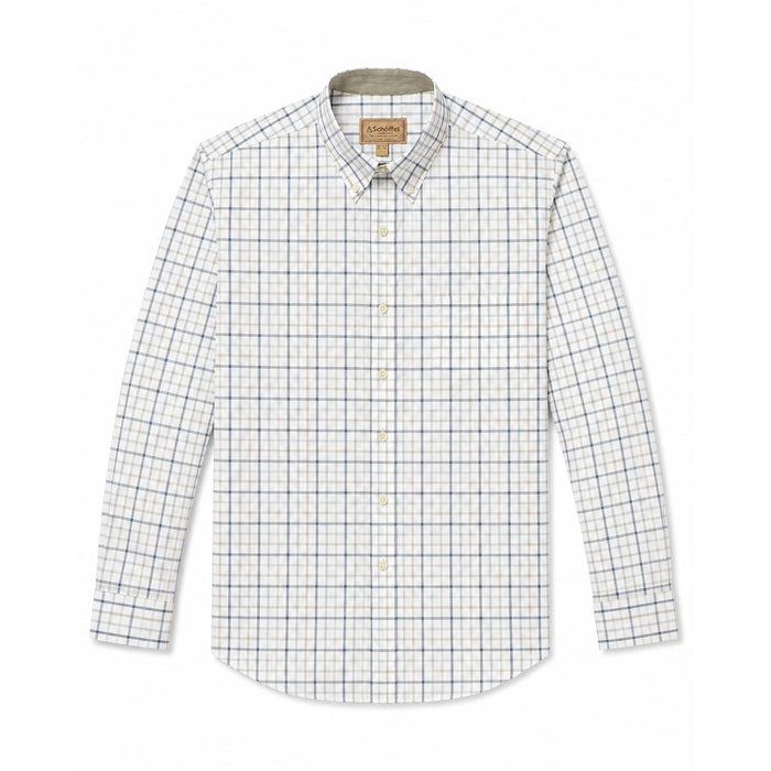 Schoffel men's long-sleeve check shirt in white cotton twill with a button-down collar and branded buttons.
