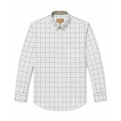 Schoffel men's long-sleeve check shirt in white cotton twill with a button-down collar and branded buttons.