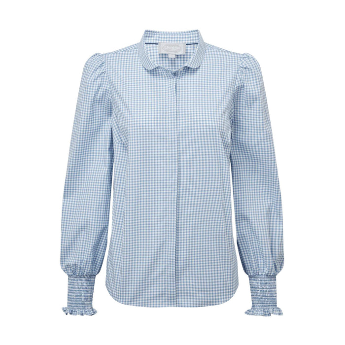 Schoffel women's blue and white micro gingham shirt with a Peter Pan collar and smocked ruffle cuffs.