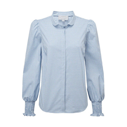 Schoffel women's blue and white micro gingham shirt with a Peter Pan collar and smocked ruffle cuffs.