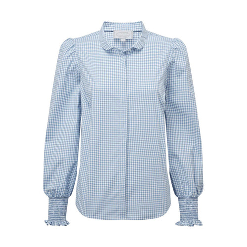 Schoffel women's blue and white micro gingham shirt with a Peter Pan collar and smocked ruffle cuffs.