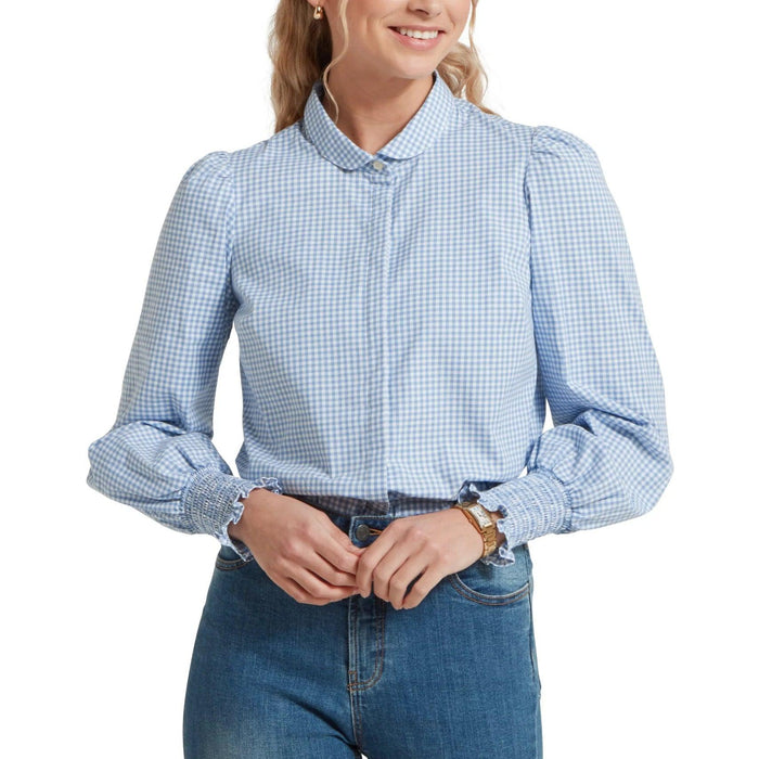 Schoffel women's blue and white micro gingham shirt with a Peter Pan collar and smocked ruffle cuffs.