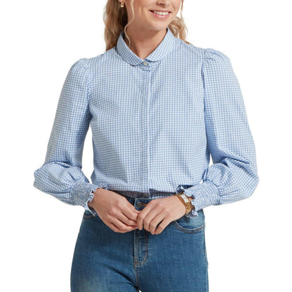 Schoffel women's blue and white micro gingham shirt with a Peter Pan collar and smocked ruffle cuffs.