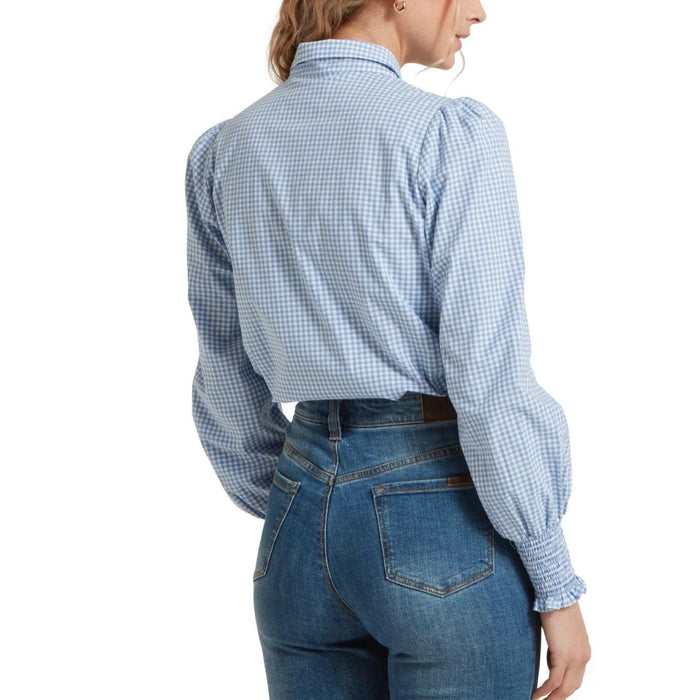 Back view of a blue and white micro gingham shirt with smocked ruffle cuffs and a slim-fit cotton blend design.