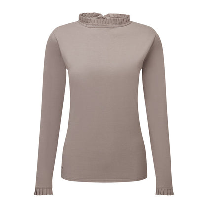 Taupe Schoffel Ilkley long-sleeve jersey top featuring a slim fit, frilled high neck, and matching frilled cuffs.