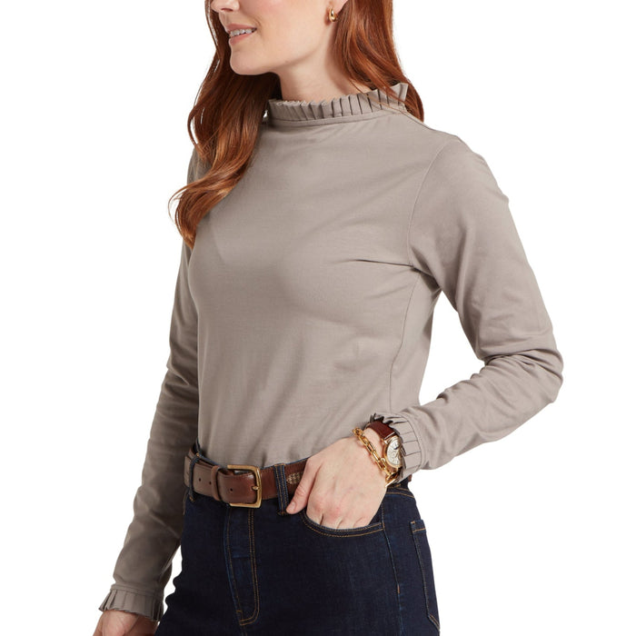 Taupe Schoffel Ilkley stretch cotton jersey top with a slim fit, frill collar, and matching frill sleeve cuffs.