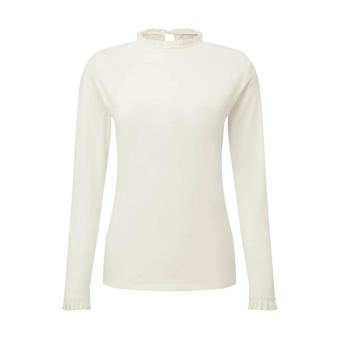 Cream Schoffel Ilkley long-sleeve top in stretch cotton jersey with a frilled high neck and matching cuff detail.