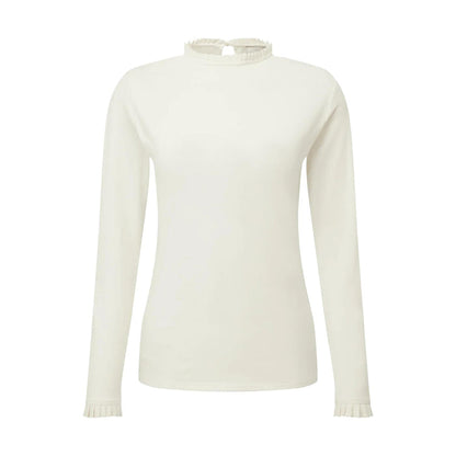 Cream Schoffel Ilkley long-sleeve top in stretch cotton jersey with a frilled high neck and matching cuff detail.