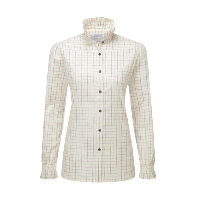 Schoffel women's brushed cotton twill shirt in cream check with a distinctive pie-crust collar and buttoned cuffs.