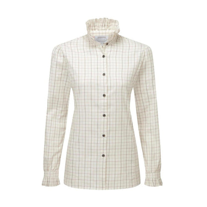 Schoffel women's brushed cotton twill shirt in cream check with a distinctive pie-crust collar and buttoned cuffs.