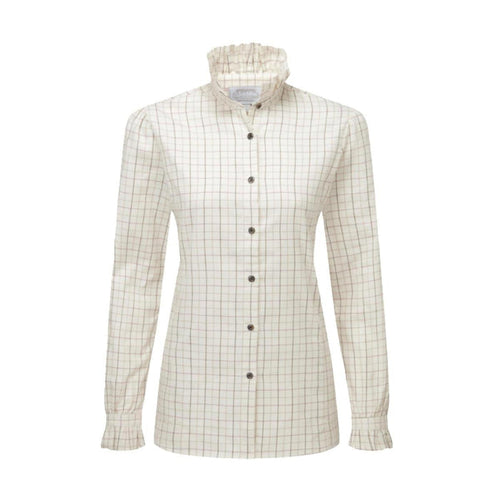 Schoffel women's brushed cotton twill shirt in cream check with a distinctive pie-crust collar and buttoned cuffs.