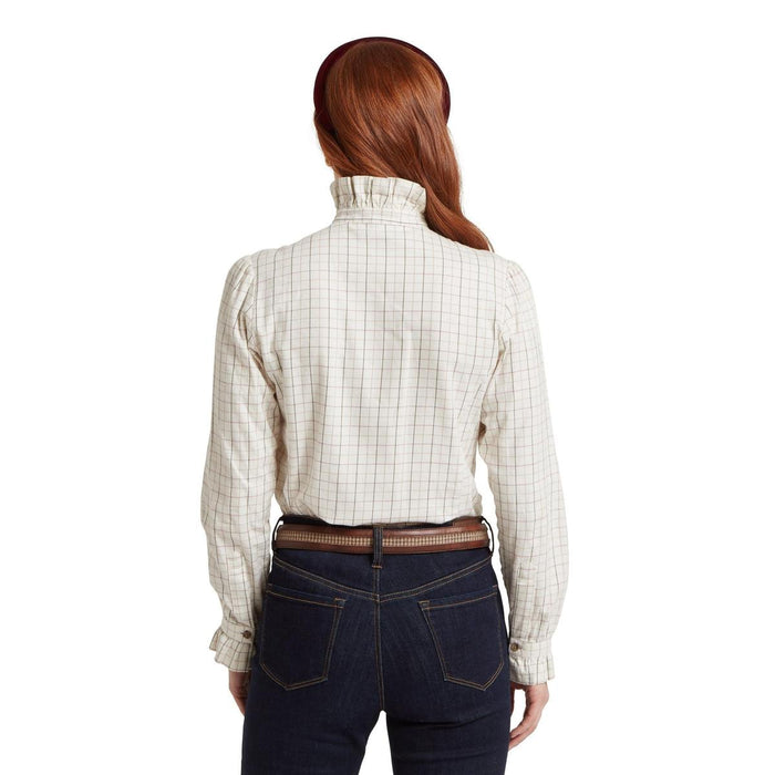 Back view of a cream brushed cotton twill shirt with a check pattern, pie-crust collar, and ruffled cuffs.
