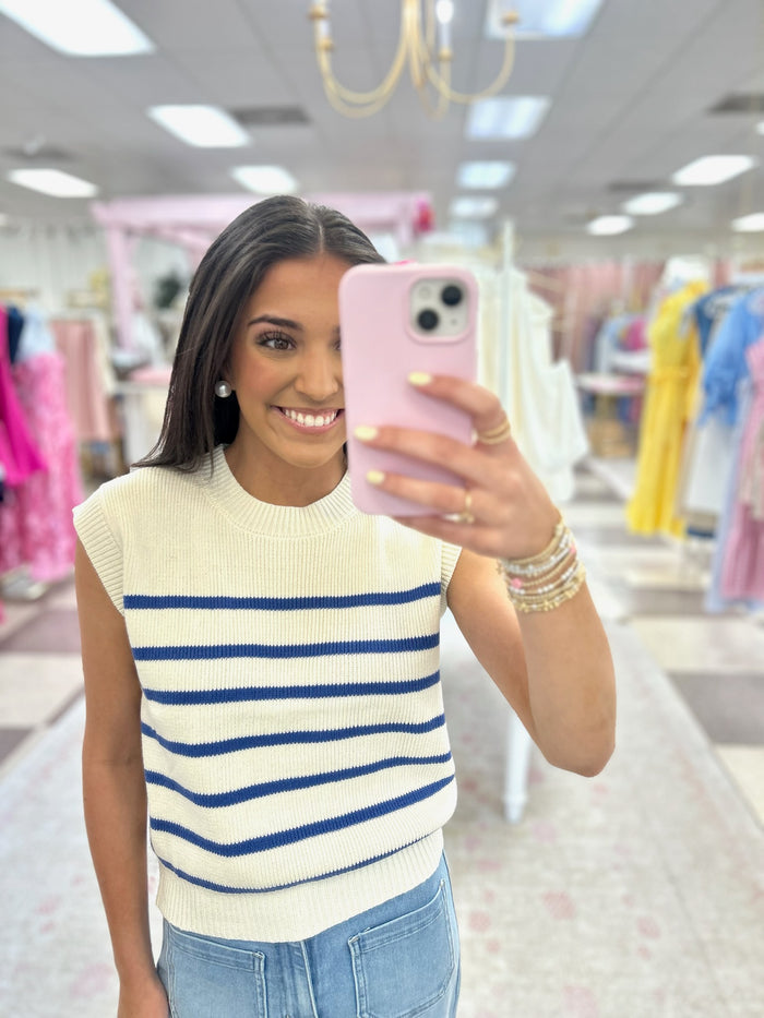Sea Ya Sleeveless Sweater Top (Cobalt Blue/White)