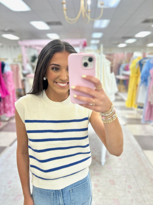 Sea Ya Sleeveless Sweater Top (Cobalt Blue/White)