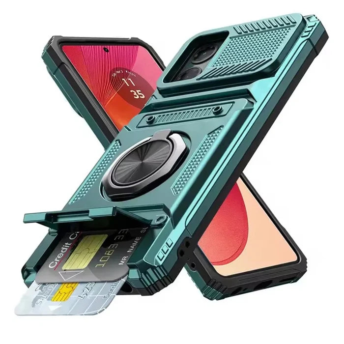 Turquoise smartphone case with a kickstand ring and credit card slot.