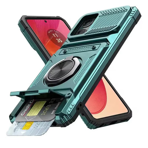 Turquoise smartphone case with a kickstand ring and credit card slot.