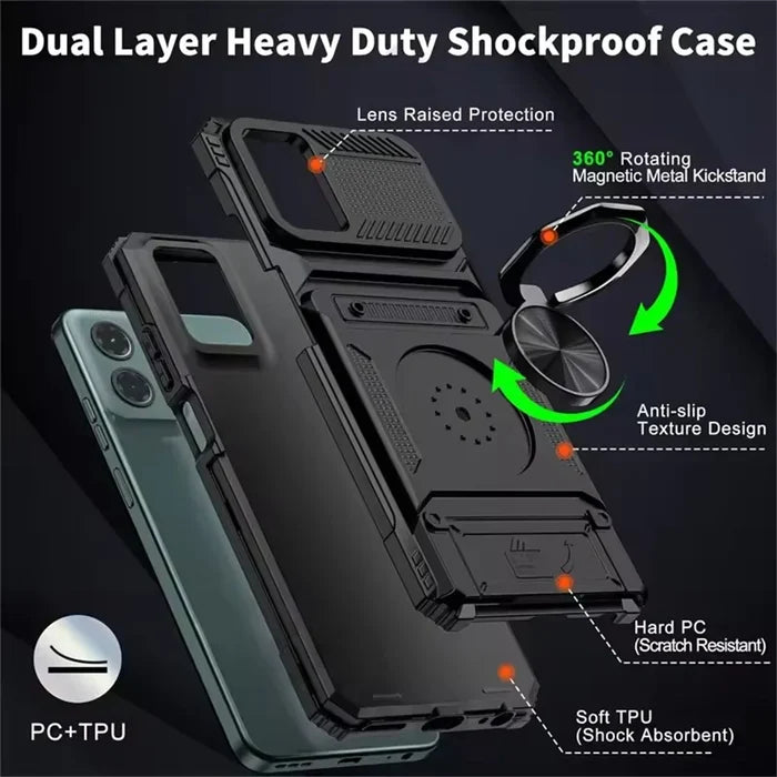A dual-layer heavy-duty shockproof phone case with lens protection, a 360-degree rotating magnetic metal kickstand, and anti-slip texture design.