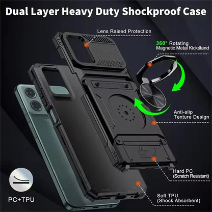 A dual-layer heavy-duty shockproof phone case with lens protection, a 360-degree rotating magnetic metal kickstand, and anti-slip texture design.