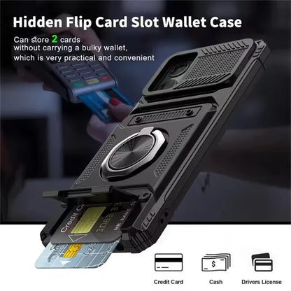 A protective black phone case with a hidden flip-out card slot and an integrated kickstand/ring holder.