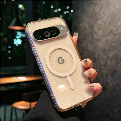 Google Pixel phone in a clear, glittery case with a magnetic ring.