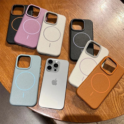 A collection of iPhone cases in various colors, featuring a textured finish and a circular magnetic element.