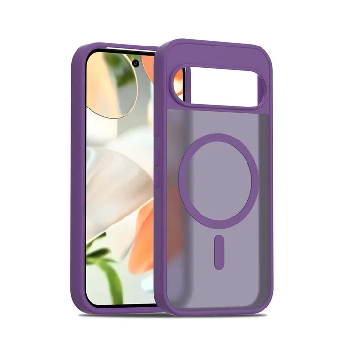 A purple MagSafe-compatible phone case with a translucent back.