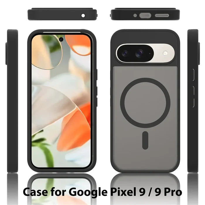Black smartphone case with a magnetic ring and camera bar cutout, shown from multiple angles.