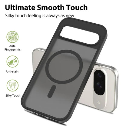 A transparent, dark grey phone case with a built-in magnetic ring and a camera cutout, designed for a smooth, anti-fingerprint, and anti-stain touch.