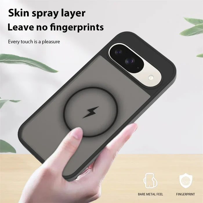 A dark gray phone case with a magnetic charging ring and a ’skin spray layer’ to prevent fingerprints.
