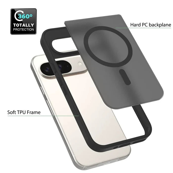 A two-part protective phone case with a soft TPU frame and a hard PC backplane featuring a magnetic ring for wireless charging.