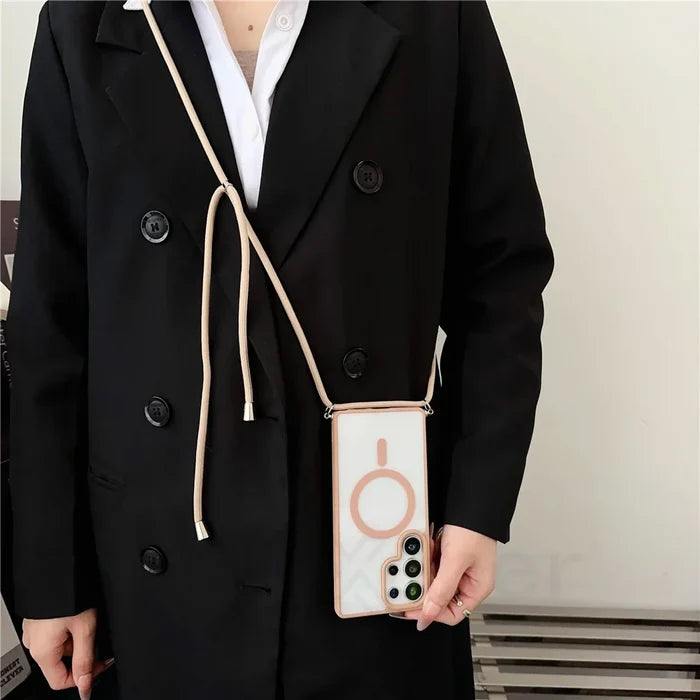 Phone case with crossbody strap.