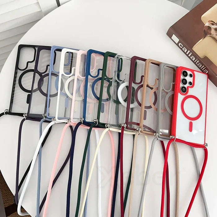 Colorful phone cases with lanyards.