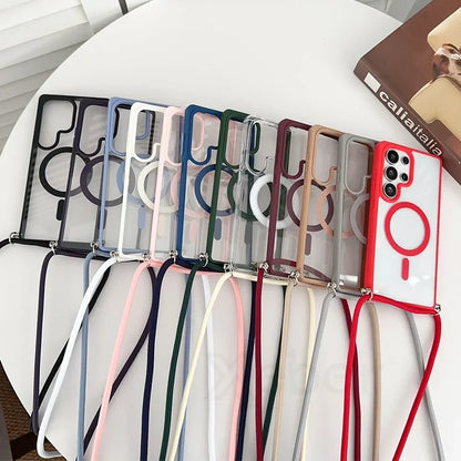 Colorful phone cases with lanyards.