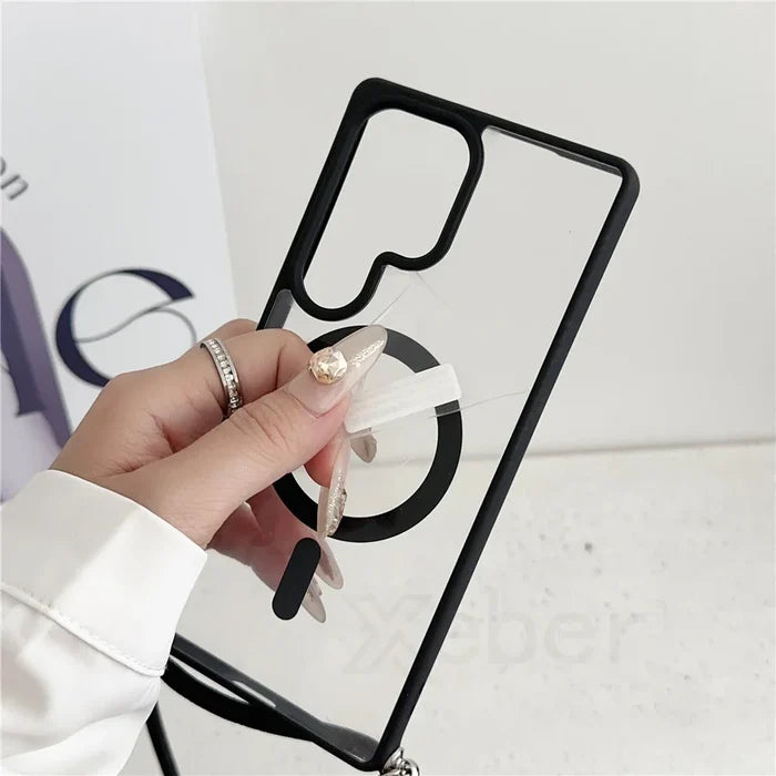 Clear phone case with black trim and magnetic ring.