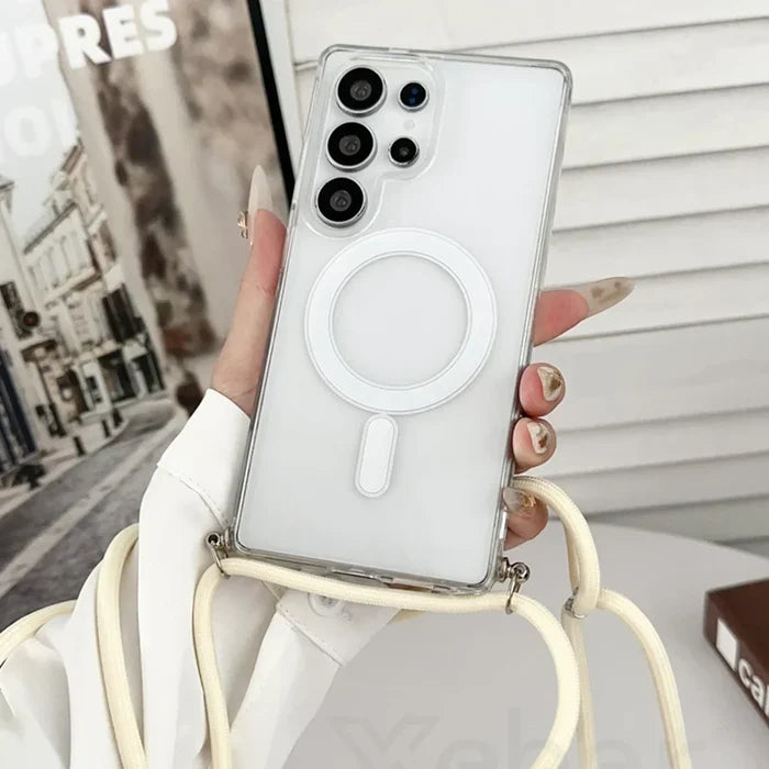 Clear phone case with MagSafe ring and crossbody strap.