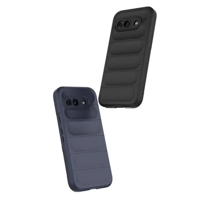 Two puffer-style phone cases, one black and one dark blue.