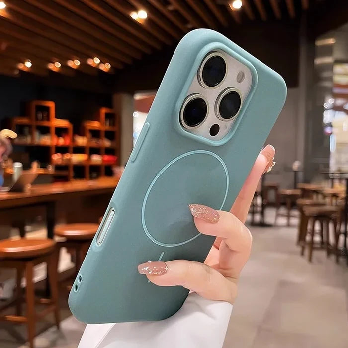 Teal silicone iPhone case with a MagSafe ring.