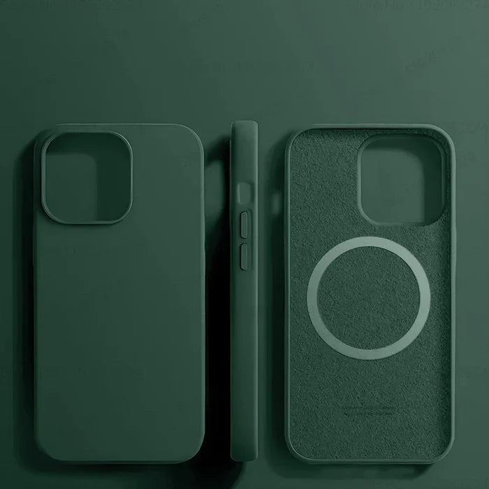 Dark green silicone iPhone case with MagSafe.