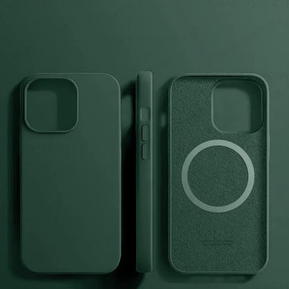 Dark green silicone iPhone case with MagSafe.