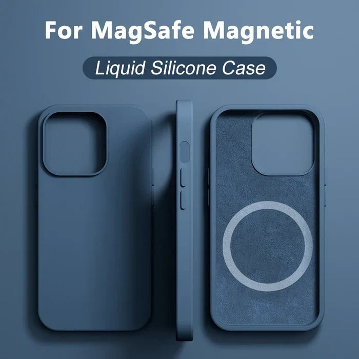 A blue liquid silicone phone case with MagSafe magnetic compatibility.