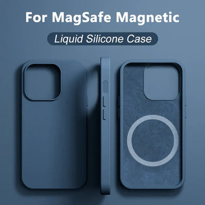 A blue liquid silicone phone case with MagSafe magnetic compatibility.