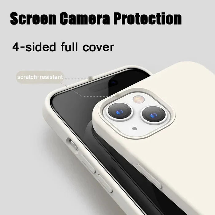Off-white silicone phone case with raised edges for screen and camera protection.