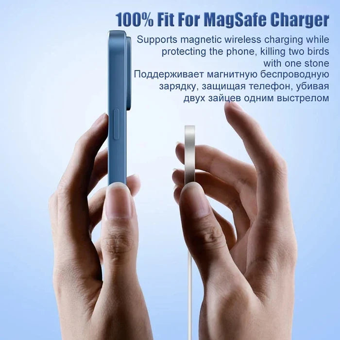A smartphone with a compatible magnetic wireless charger.
