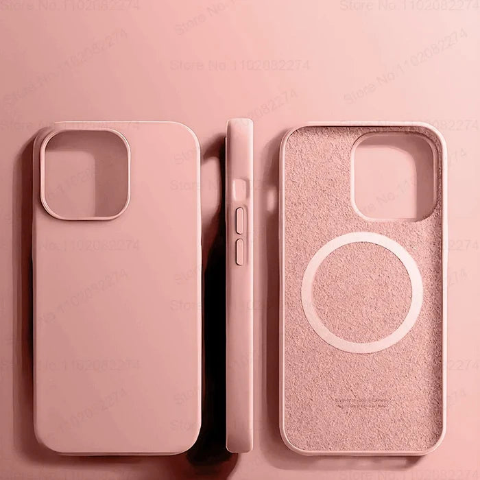 Pink silicone iPhone case with MagSafe.