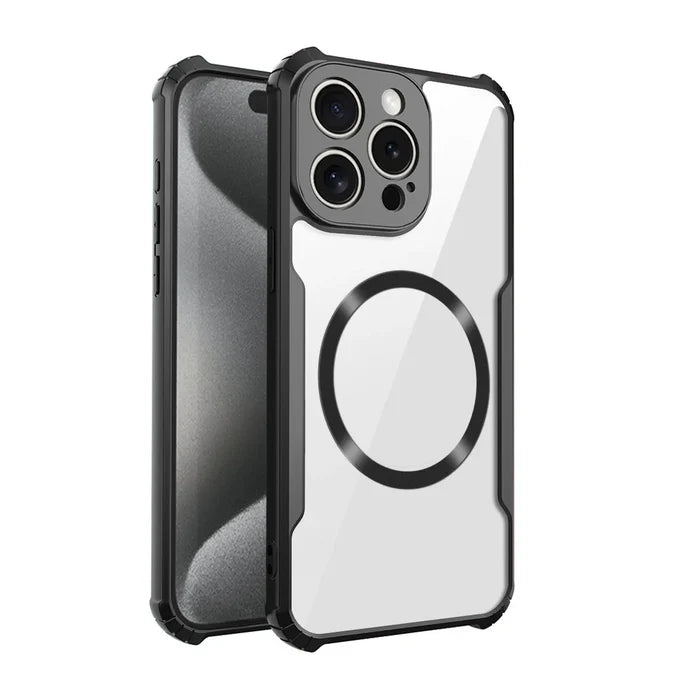 Clear phone case with black bumper.