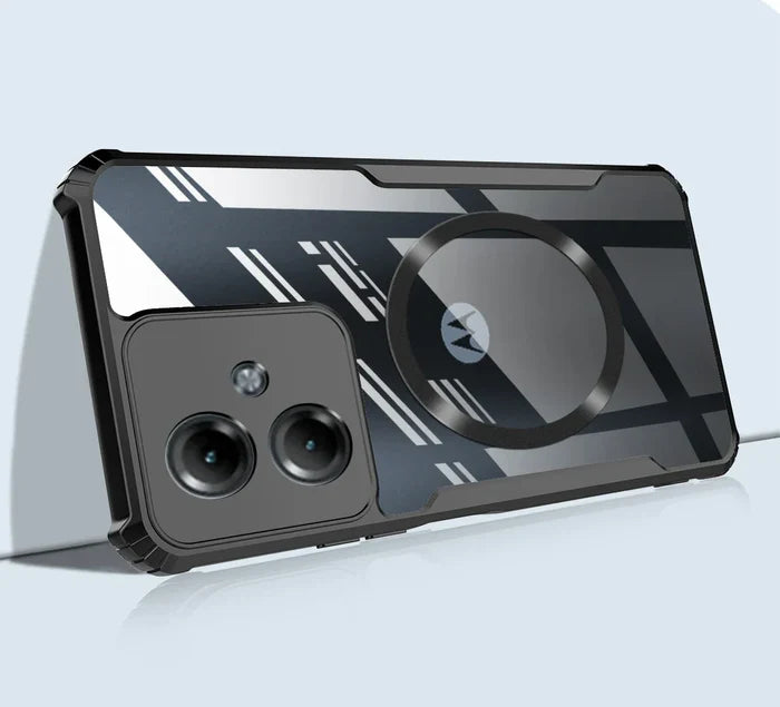 Black smartphone with dual-lens camera and MagSafe ring.