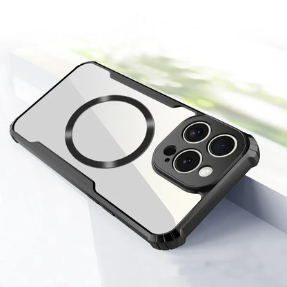 Clear phone case with black bumper and MagSafe ring.